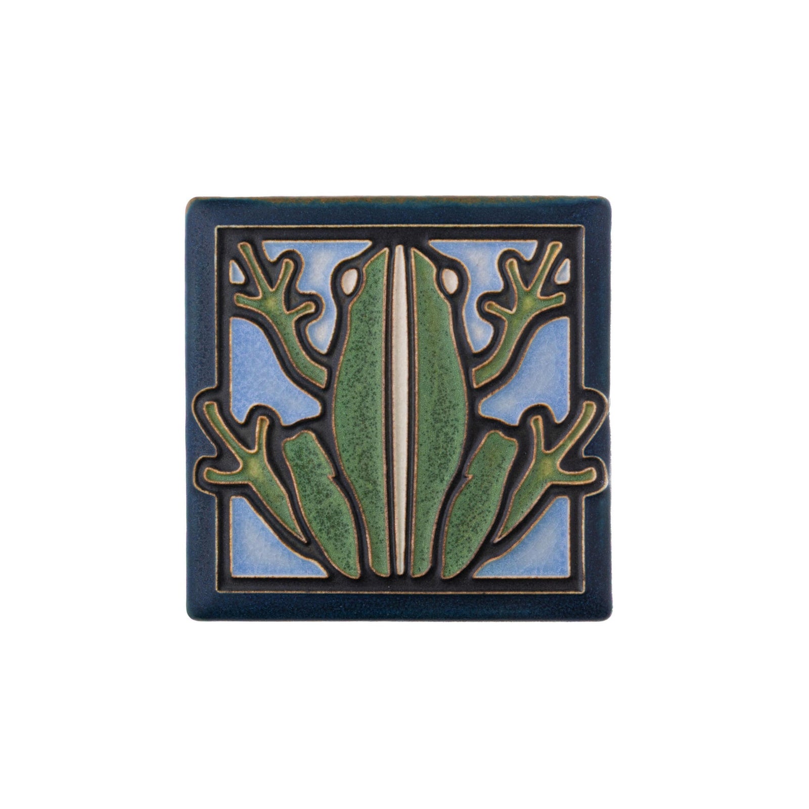 This delightful Motawi Tileworks tile depicts a moss green frog with a light blue background, rendered in a classic Arts & Crafts style.