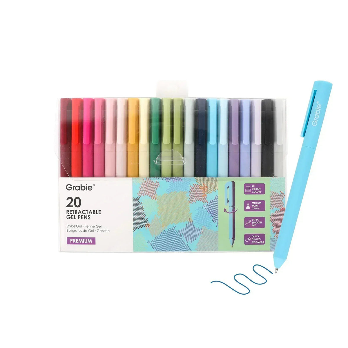 Pack of 20 retractable gel pens with a blue pen on a white background