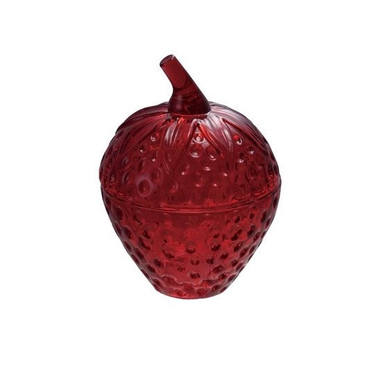 This adorable glass strawberry-shaped container is practical for storing small items and adds a touch of whimsy to any room. Made of high-quality, vibrant red glass, it is durable and easy to clean. Store candies, trinkets, pet treats, guest soaps, and more in it. Glass lidded jar Dimensions: 5" x 3.5"