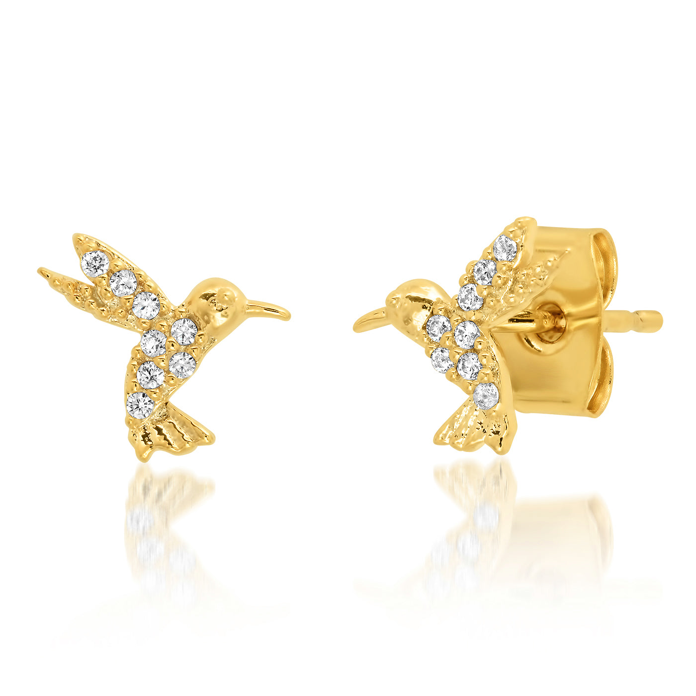 These hummingbird studs are great for adding some shimmer to wear daily. With pavé cubic zirconia to add a little sparkle, these earrings will look adorable on your ear and as part of your jewelry collection. 0.4" x 0.75". Materials: Gold-plated brass, Cubic Zirconia. Lead and nickel-free. Post earring fastening.