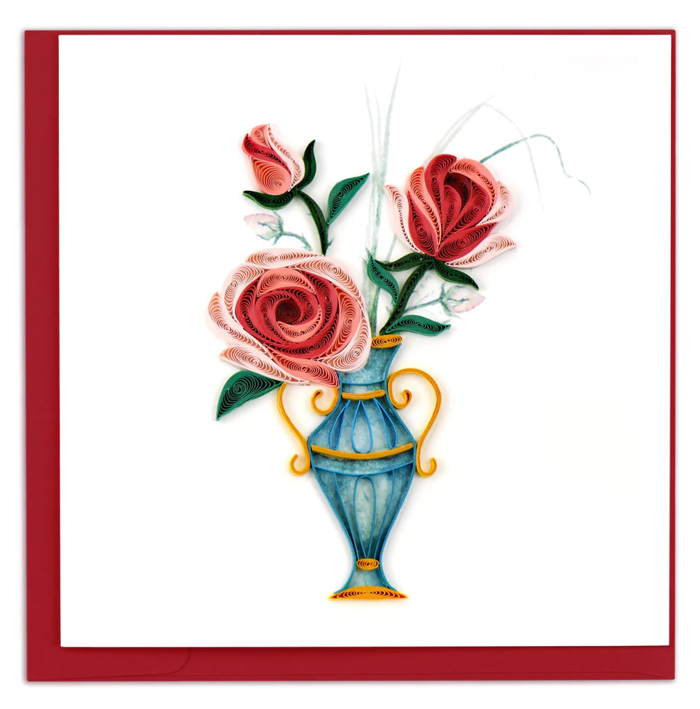 Quilled Victorian Rose Bouquet greeting card. The handcrafted artwork depicts a blue Victorian style vase with gold details holding three roses in hues of red and pink. Each quilled card is handmade by a highly skilled artisan and takes one hour to create. Ruby red envelope included. 6" x 6".