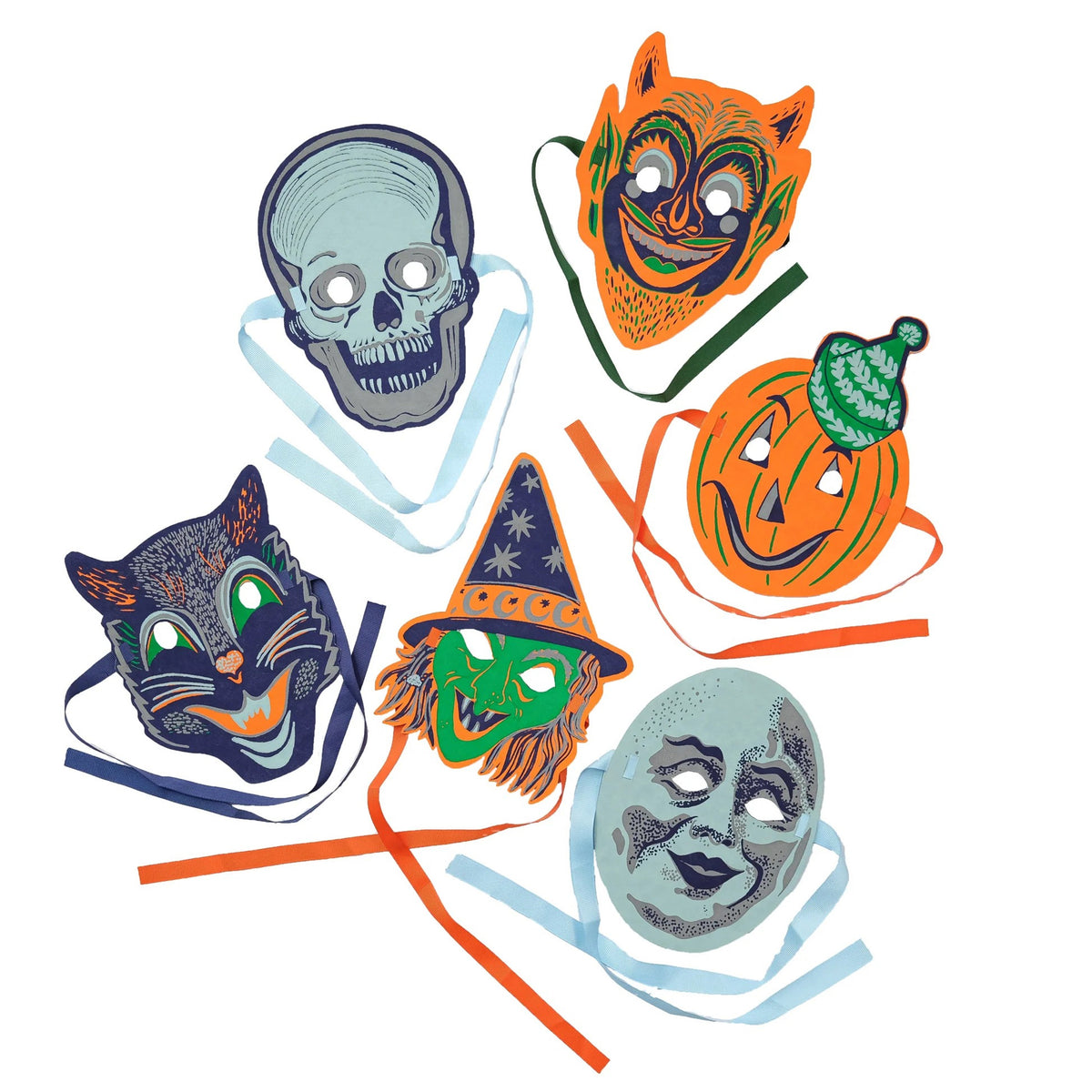 A set of illustrated Halloween face masks and accessories on a plain white background, including a skull, cat, witch hat, pumpkin, moon face, and orange cat ears mask with ribbons.
