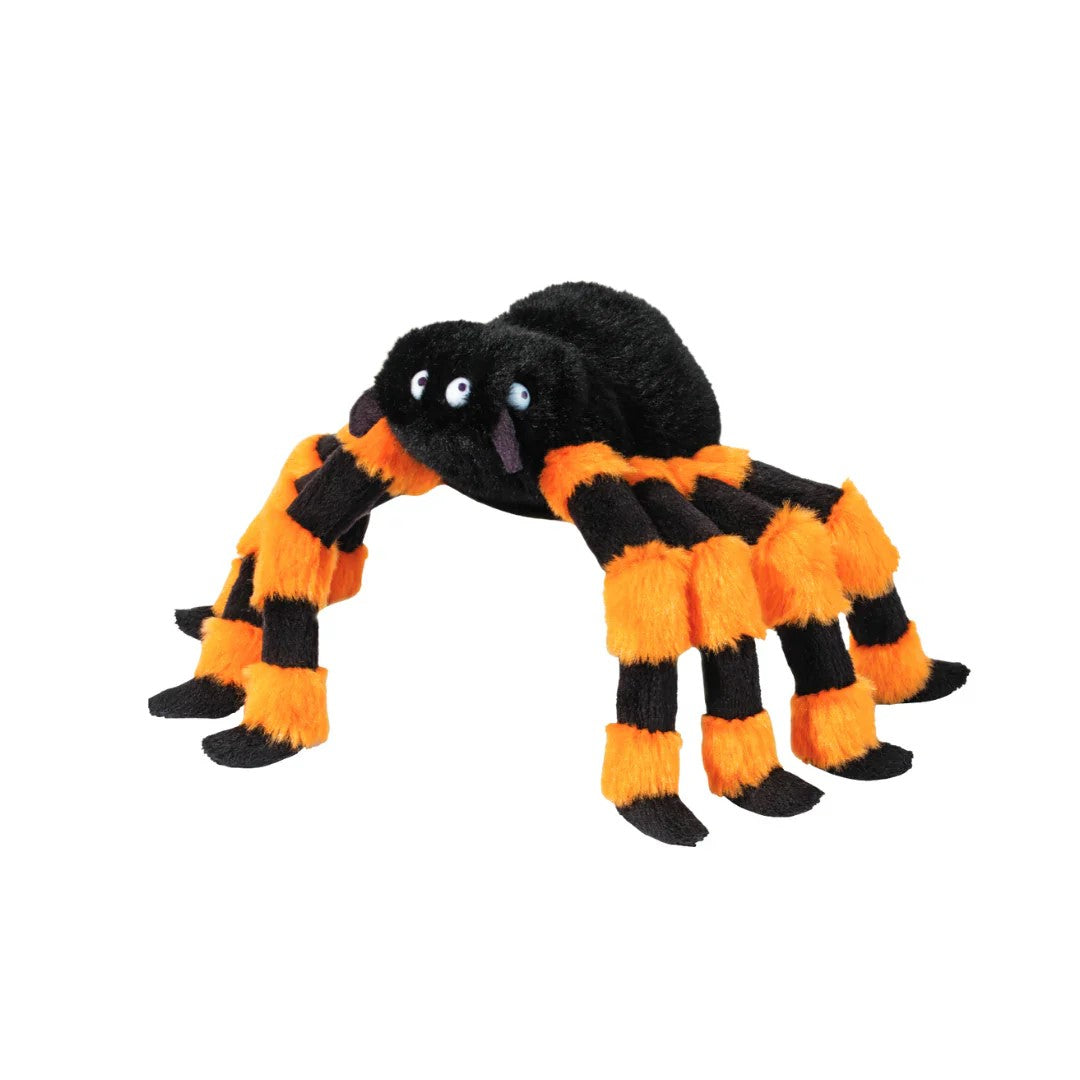 Plush spider toy with black and orange colors on a white background