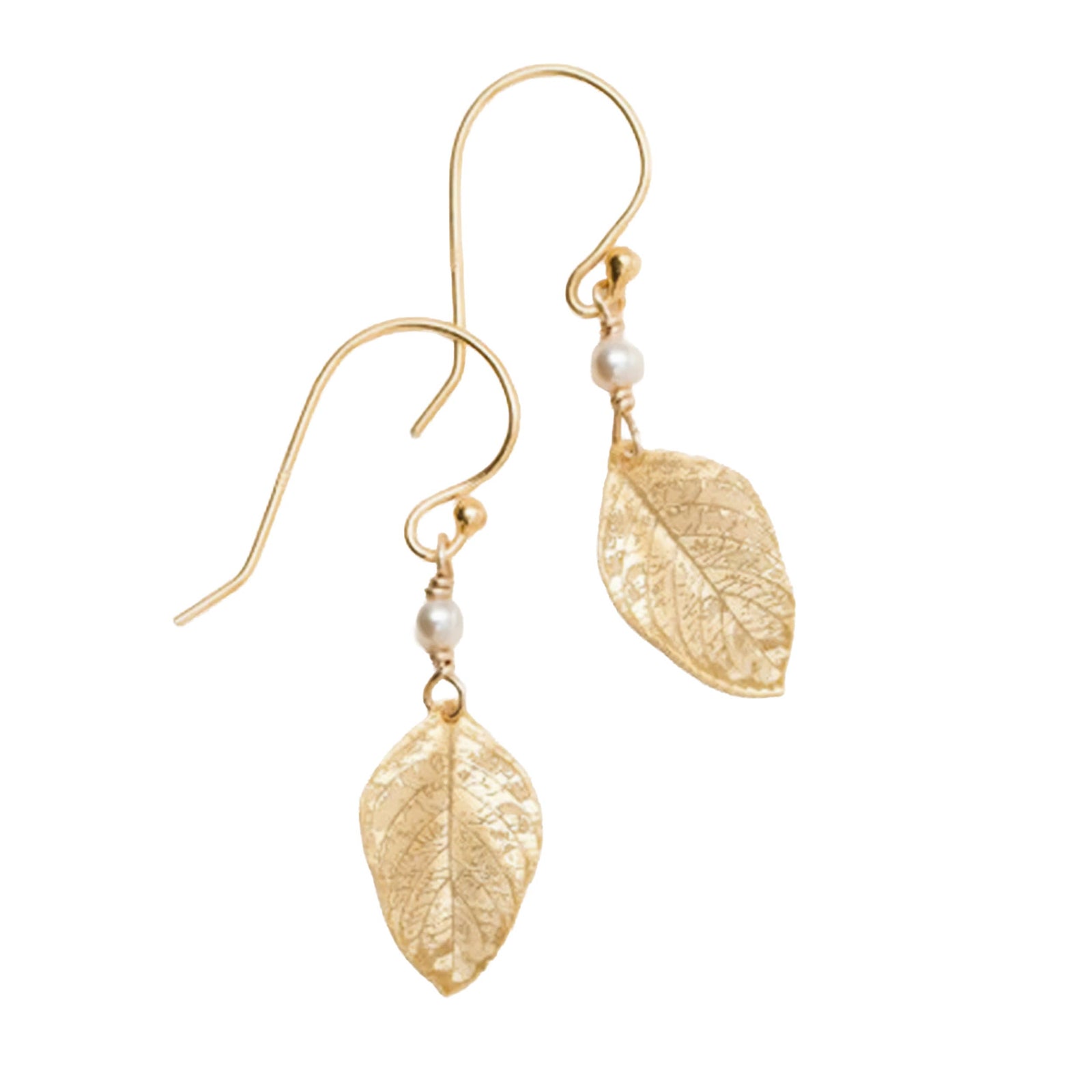 Gold leaf earrings with pearl beads on a white background