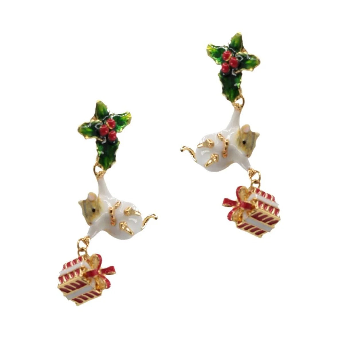 Pair of earrings with a mouse, holly and gift box designs on a white background