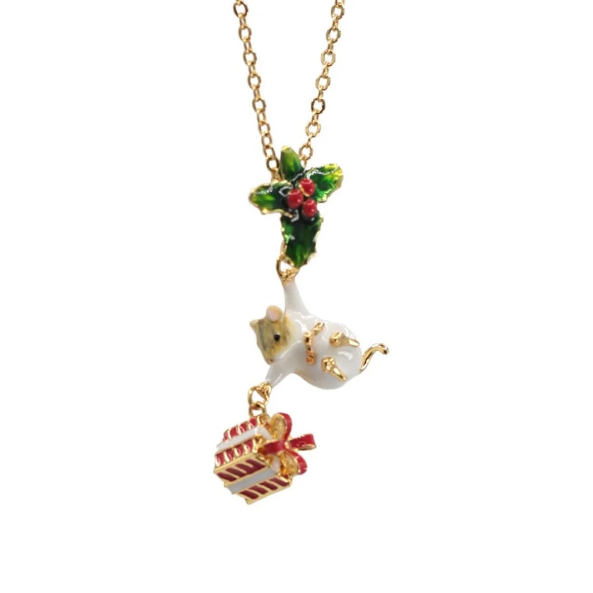 Necklace with a mouse and gift box pendant on a white background