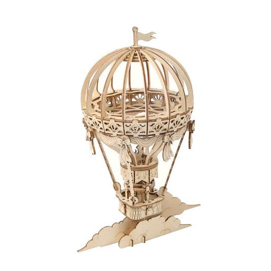 Wooden model of a hot air balloon on a white background