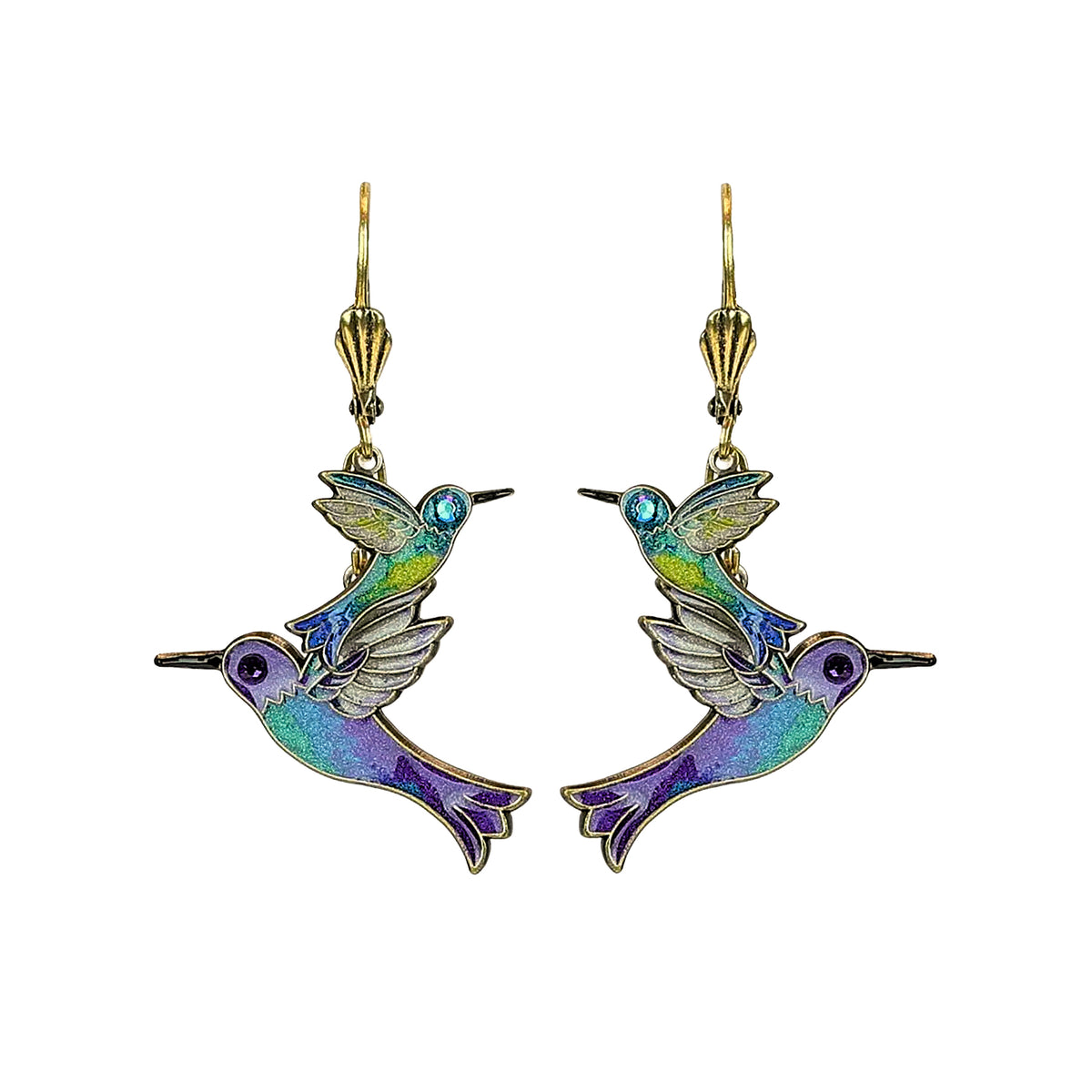 Colorful hummingbird-shaped earrings on a white background