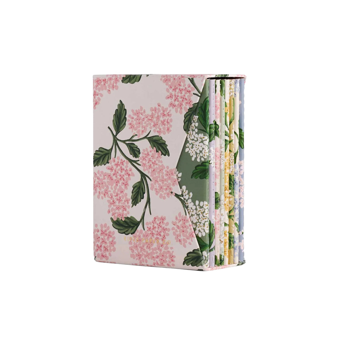 Floral notebook with pink and green design on a white background