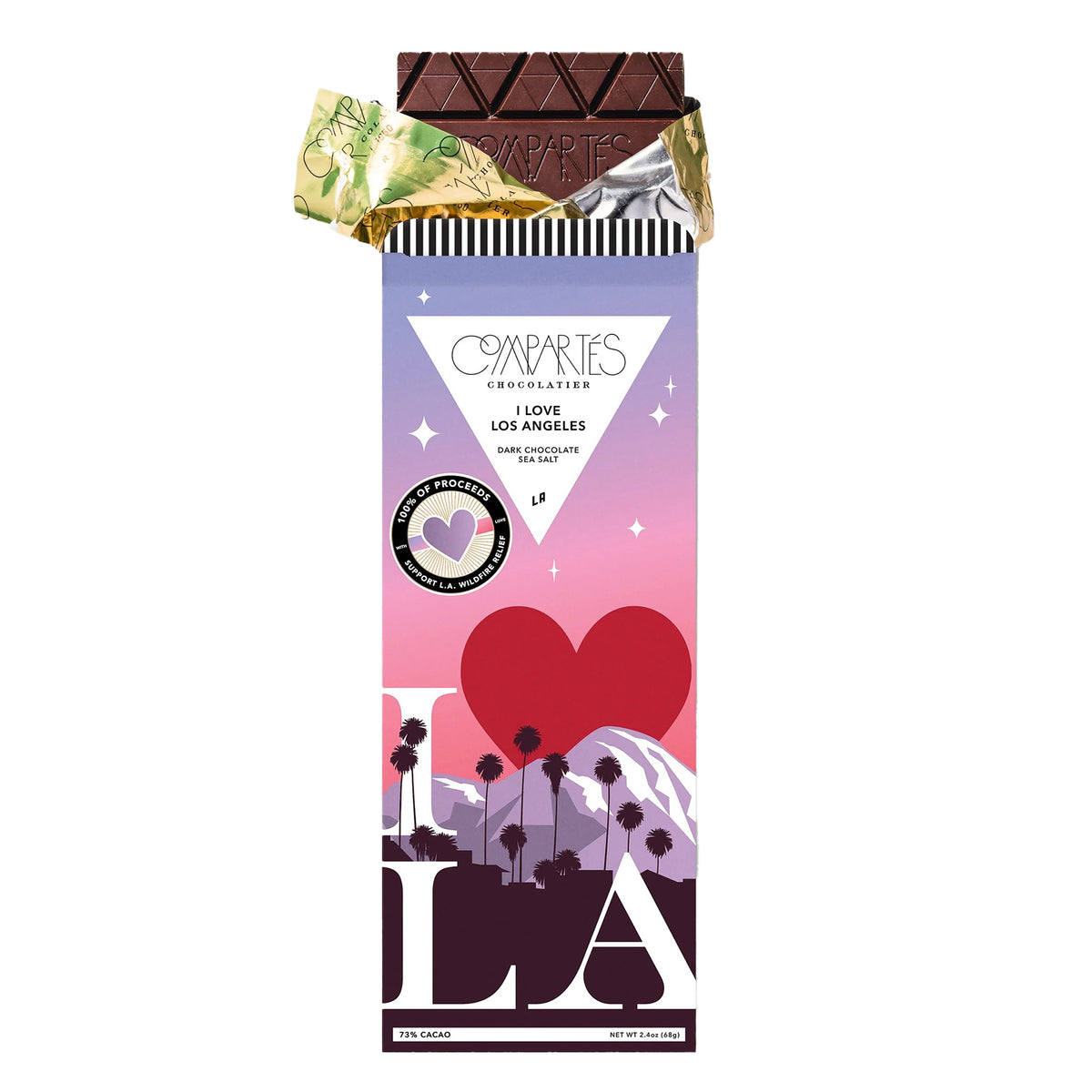 Compartes chocolate bar with colorful packaging featuring a heart and mountains.
