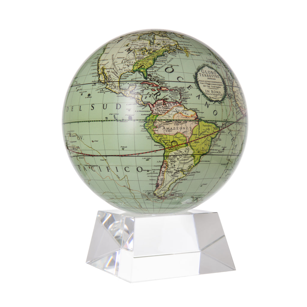 Add a touch of sophistication to your home or office with this rotating globe that boasts an antique map of our planet. The globe spins slowly on a crystal base, inviting onlookers to learn more about the historical relevance of the globe’s map. No cords or batteries Globe: 5" diameter Crystal stand: 3" x 3" x 3.4".