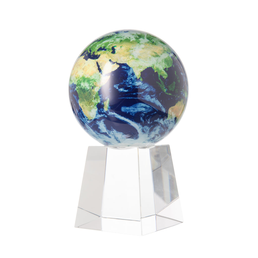 This rotating Earth globe provides a direct look at our planet from space by using high-resolution satellite images from NASA. Swirls of white clouds punctuate the green and blue colors. As the globe turns, it creates an immersive visual experience. No cords or batteries Globe: 5" diameter Crystal stand: 3" x 3" x 3.4"