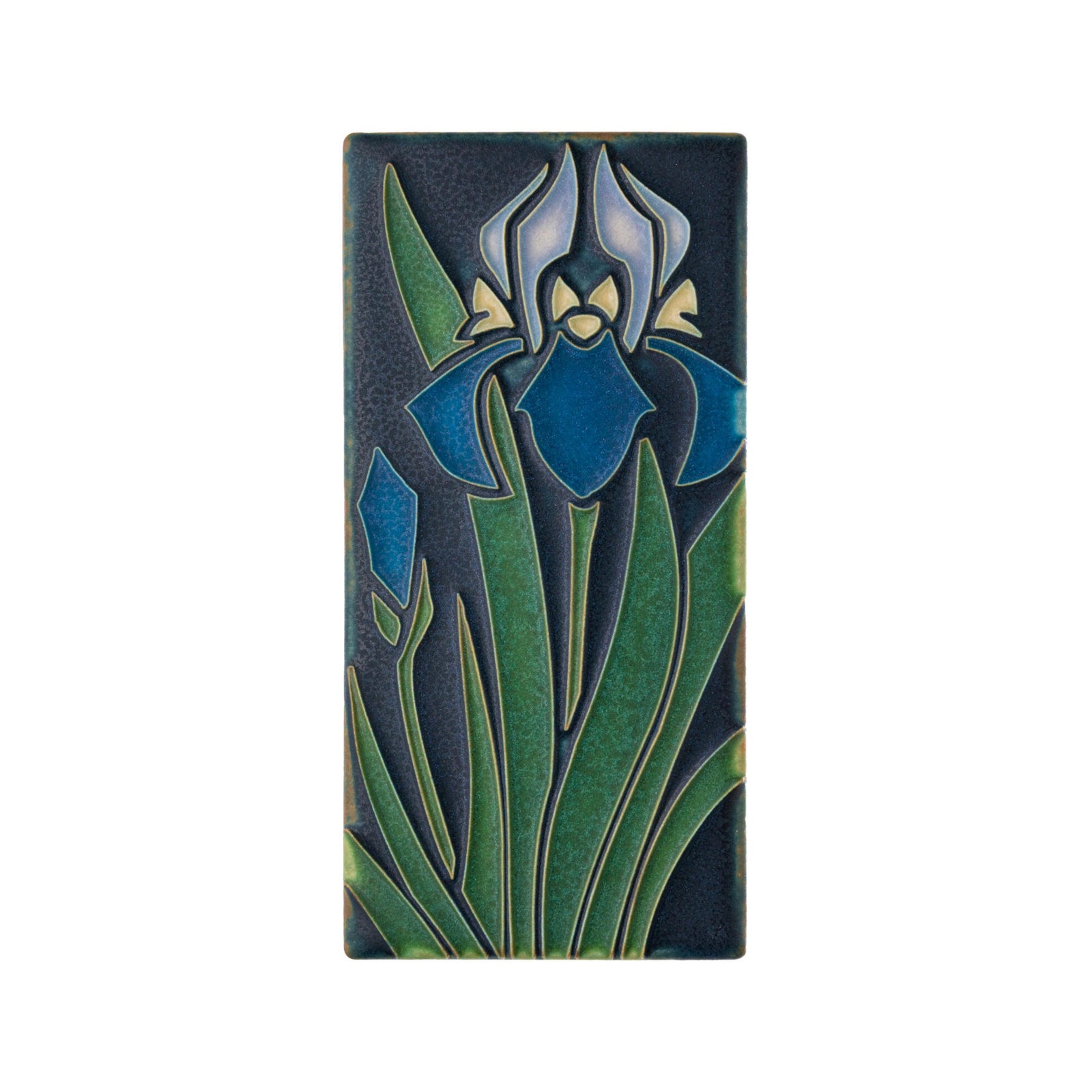 Tile artist Nawal Motawi mingled visual cues from multiple Arts & Crafts-period renderings to arrive at this design. Like the flower itself. this beautifully striking art tile is more declarative than demure. Actual Tile Size: Approximately 3 7/8” x 7 7/8”. Notch at the back for hanging.
