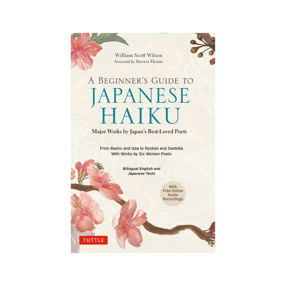 Front cover of the book 'A Beginner's Guide to Japanese Haiku' by William Scott Wilson, published by Tuttle. The cover features a cream background with pink cherry blossom illustrations, blue title text, and a red Tuttle logo at the bottom.