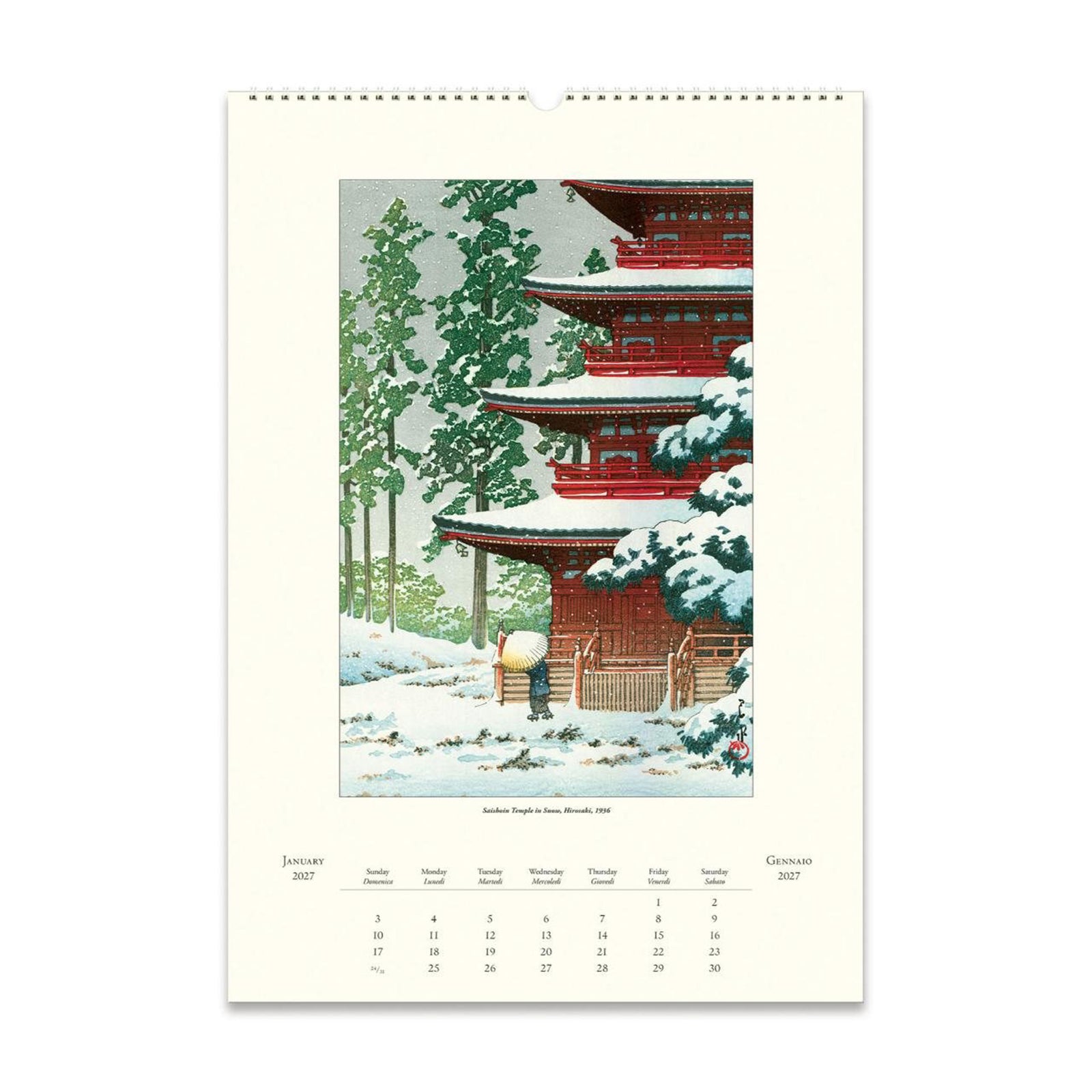 2027 wall calendar featuring wood block artwork by Japanese artist Kawase Hasui.