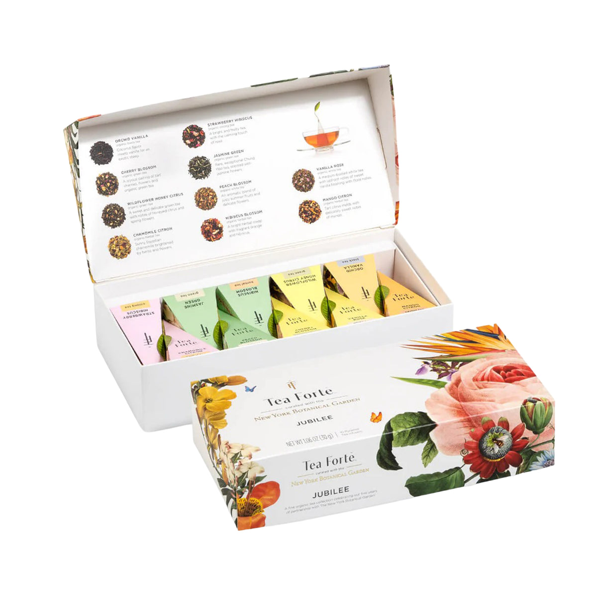 Tea Forte tea box with assorted tea packages on a white background