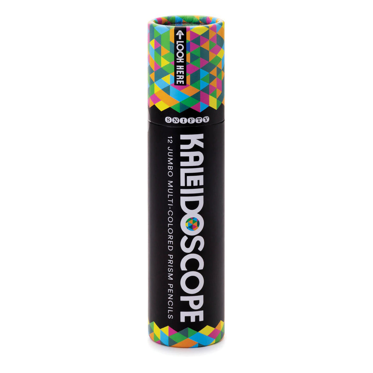 Kaleidoscope prism pencils packaging with geometric design on a white background