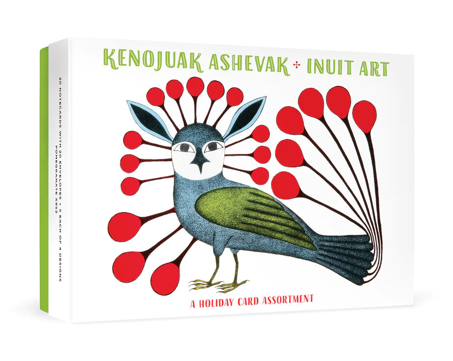 Kenojuak Ashevak was widely considered a Canadian national treasure. She was a groundbreaking artist for Kinngait Studios, in the Arctic territory of Nunavut, and  a pioneer of Inuit art. Share her joyful images this holiday season with this notecard set. 20 assorted holiday cards (5 each of 4 designs) with envelopes.