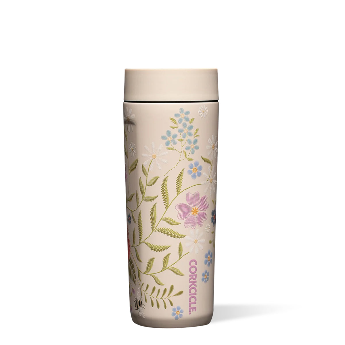 A Corkcicle travel tumbler with a beige background and a delicate floral pattern featuring pink, blue, and green botanical illustrations, shown on a clean white background.