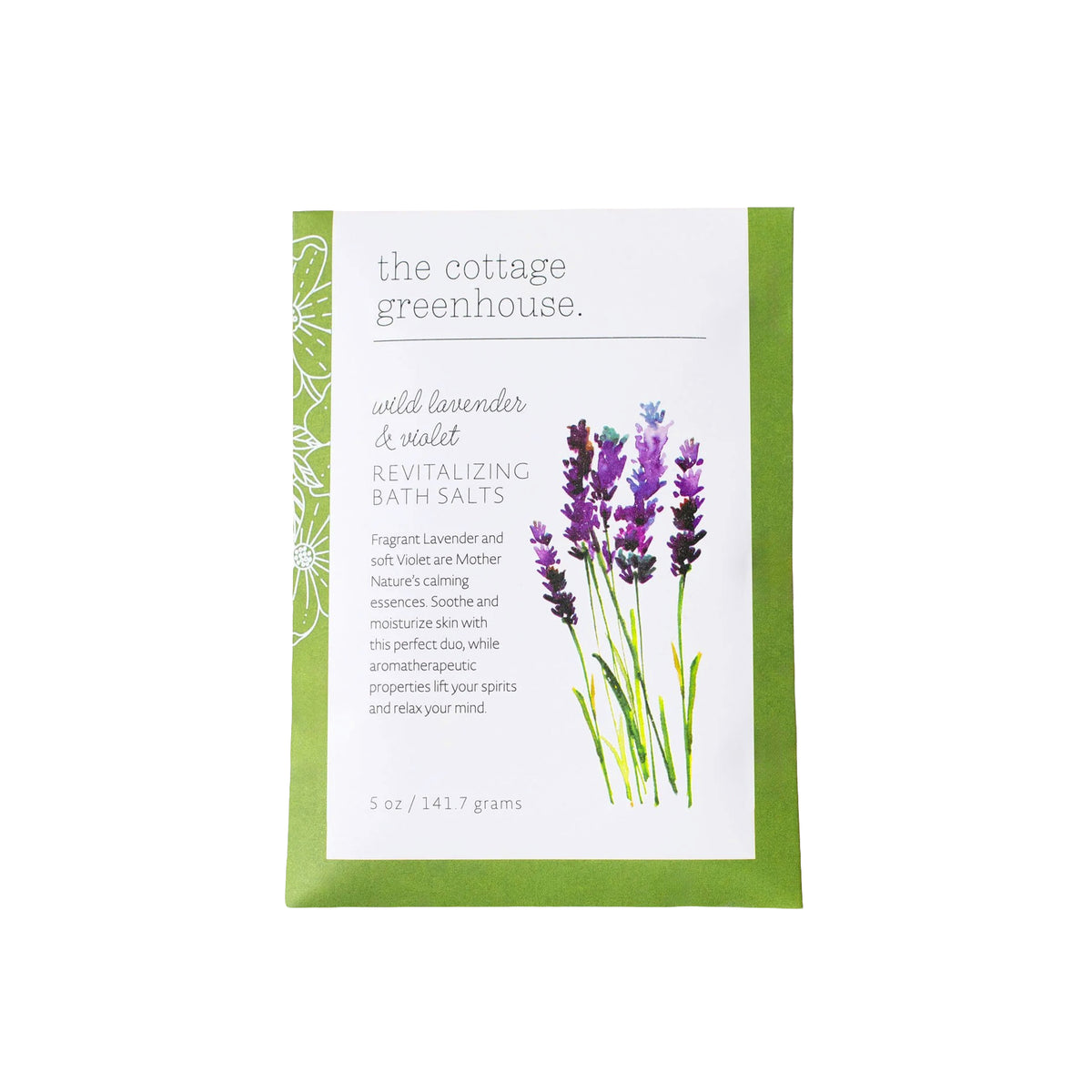 Packaging of 'the cottage greenhouse' wild lavender & violet revitalizing bath salts with lavender illustration.