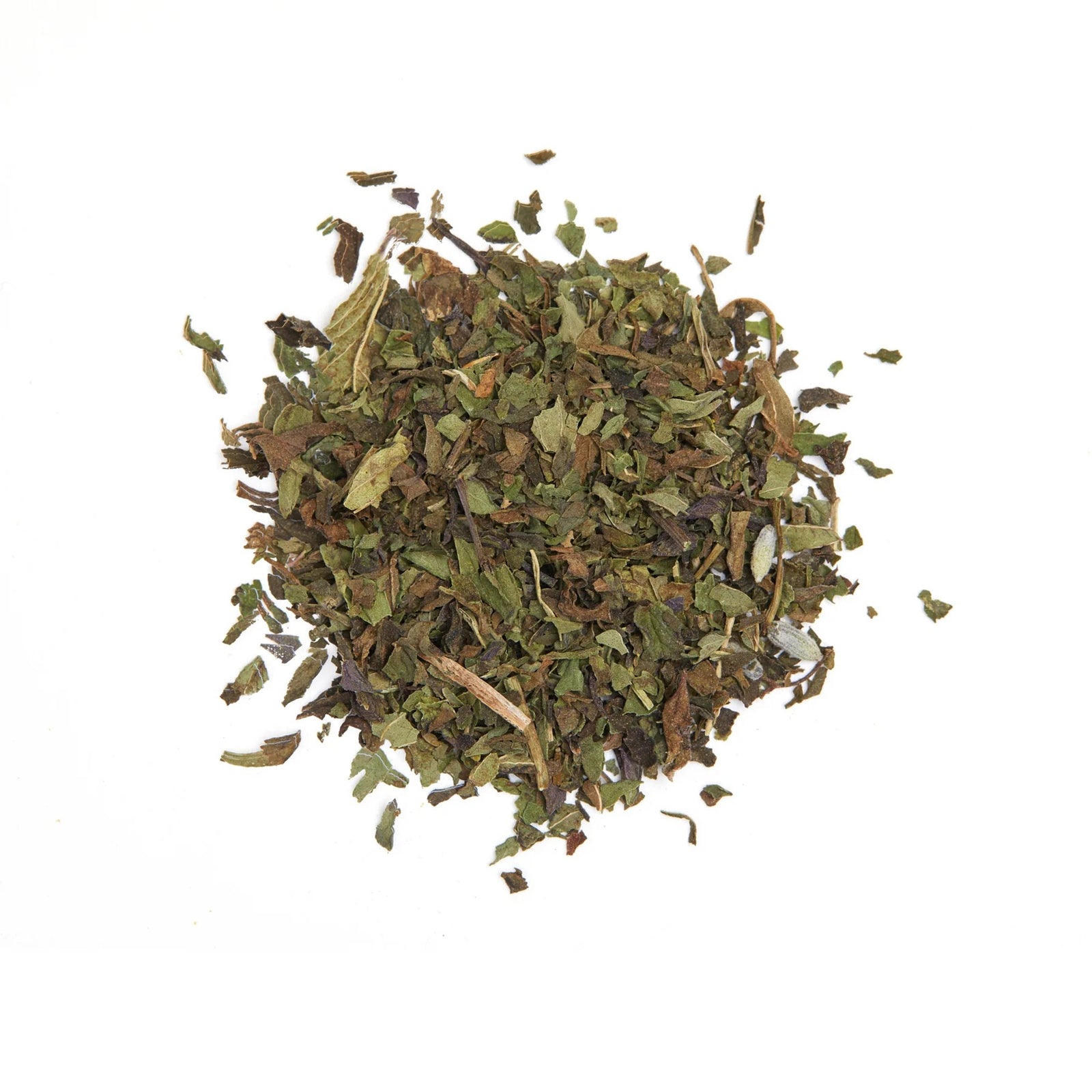 Glass jar of Lavender Mint tea with a vintage style pale blue label on a white background.