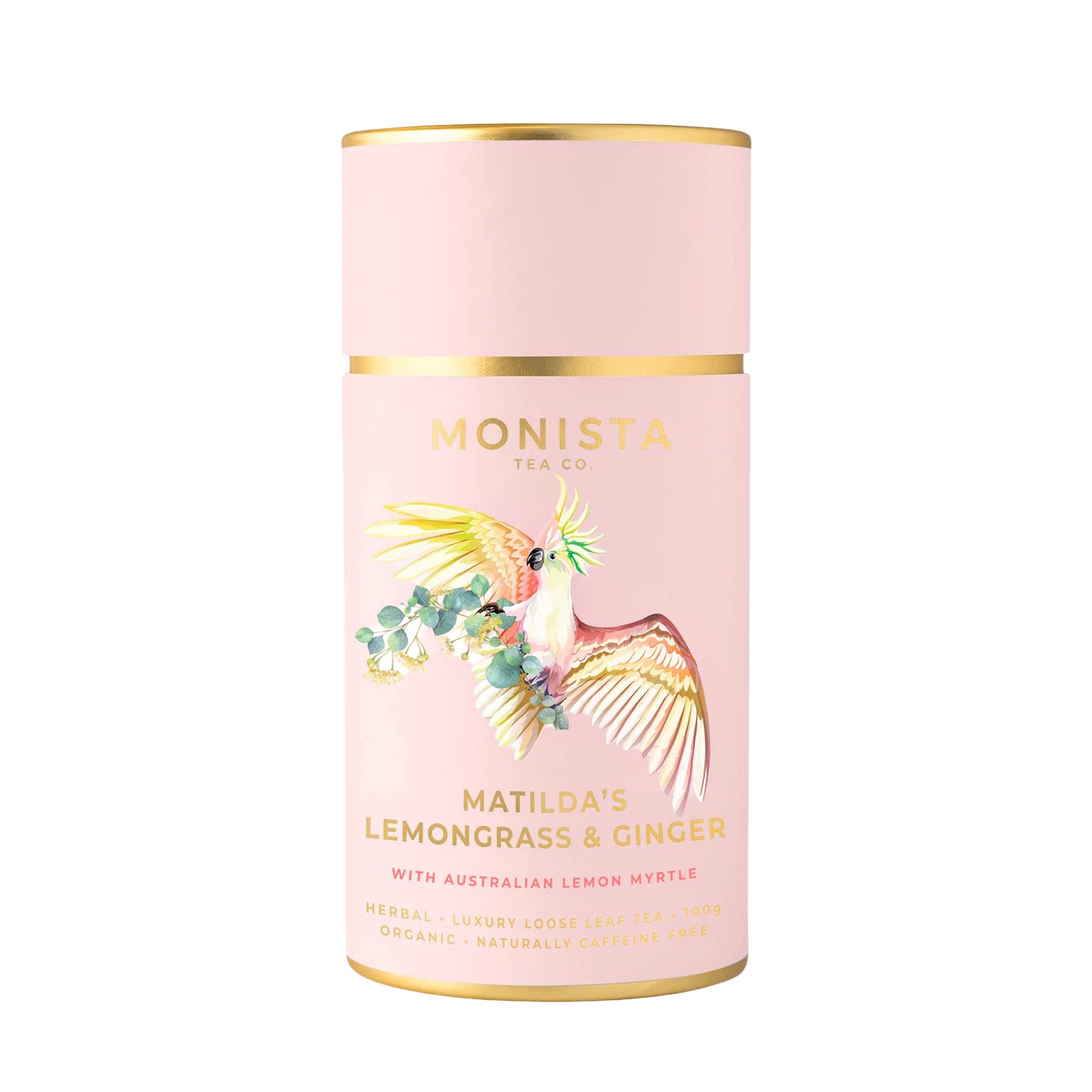 Lemongrass and ginger ink tea canister with gold accents and a bird illustration on a white background