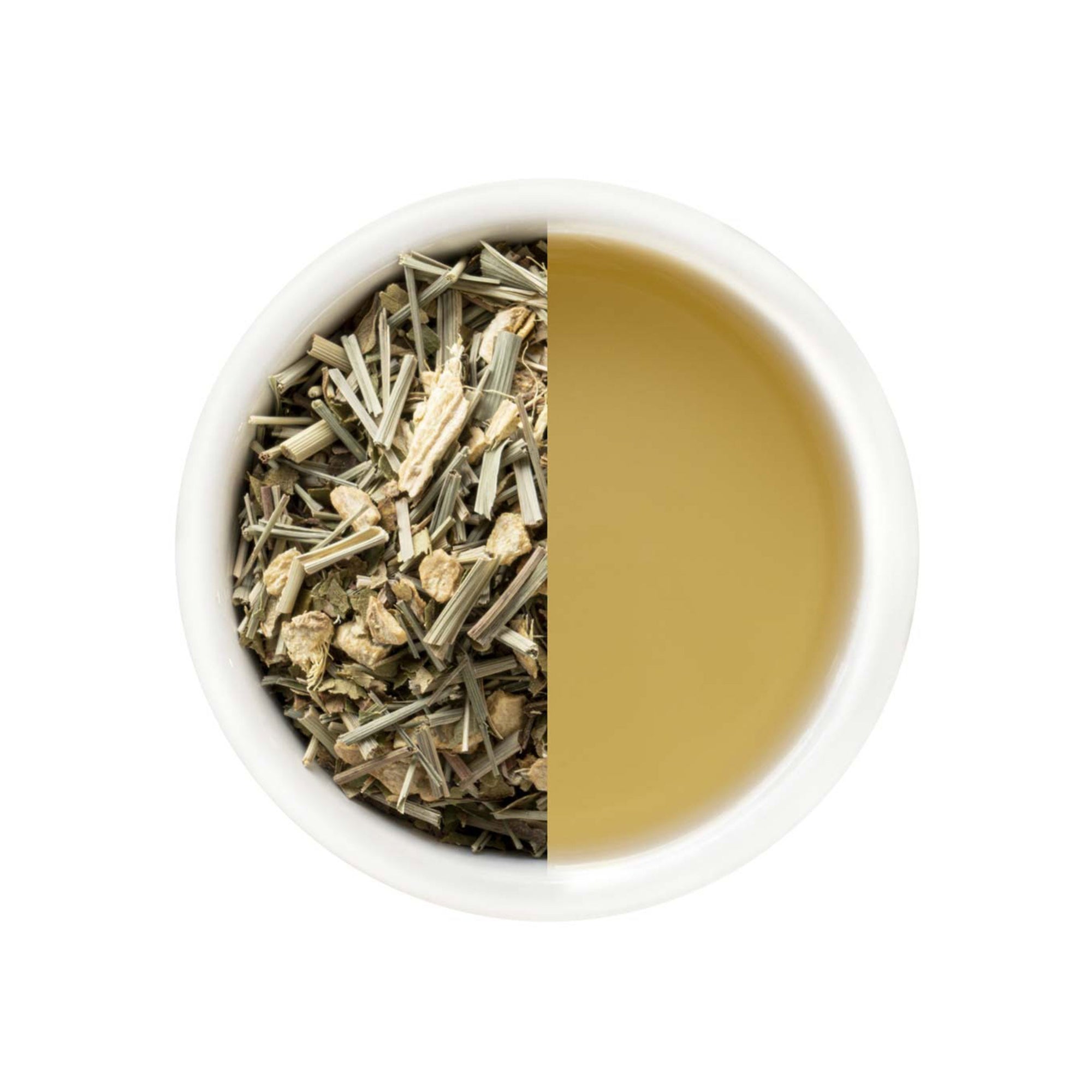 Lemongrass and ginger ink tea canister with gold accents and a bird illustration on a white background