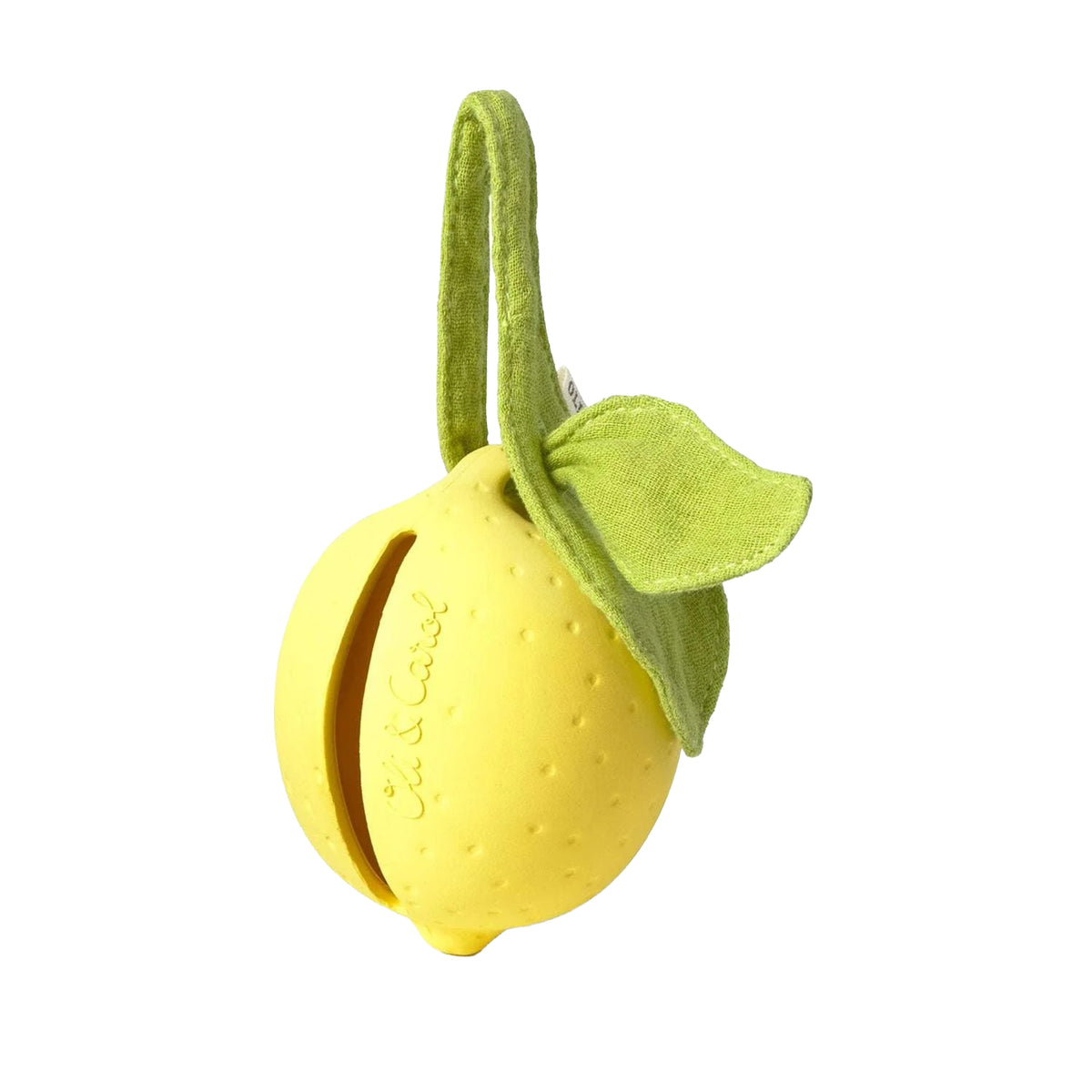A yellow textured rubber pacifier case shaped like a lemon with a green fabric stem and leaf, shown on a plain white background.