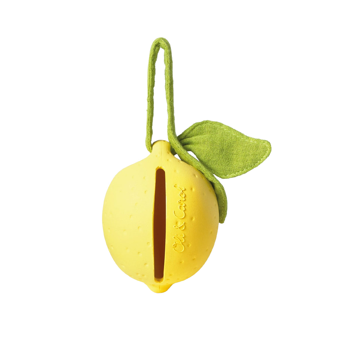 A yellow silicone pacifier case shaped like a lemon with a green fabric stem and leaf, shown on a plain white background.