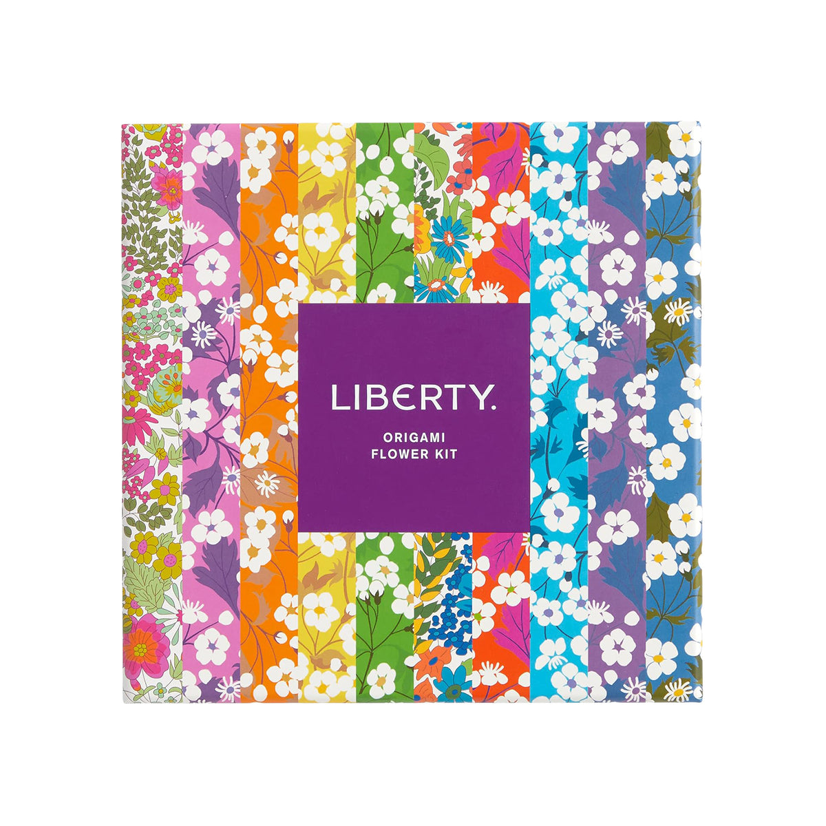 Colorful Liberty Origami Flower Kit packaging with floral patterns and a purple square displaying 'Liberty'.