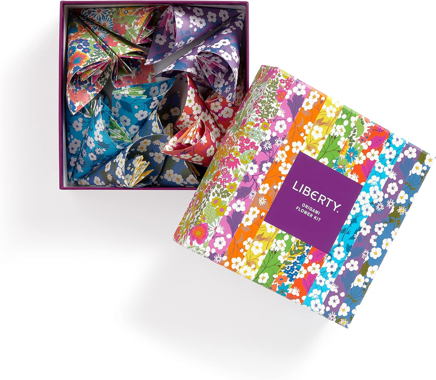 Origami flowers are a natural extension of the Liberty brand–combining flowers, floral prints and making. The Liberty Classic Floral Origami Flower Kit contains origami paper and instructions to create a decorative Kusudama flower ball, plus 4 additional flower designs. Box dimensions: 6.5" x 6.5" x 2"