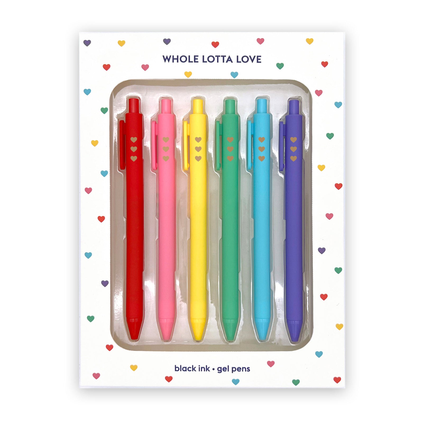 These beautifully packaged, colorful gel pens have soft-touch barrels and black gel ink and are perfect for writing heartfelt letters, poetry, notes, and more. Set of six gel pens Black ink Packaged in a giftable box Box dimensions: 6" x 8" x 0.5"
