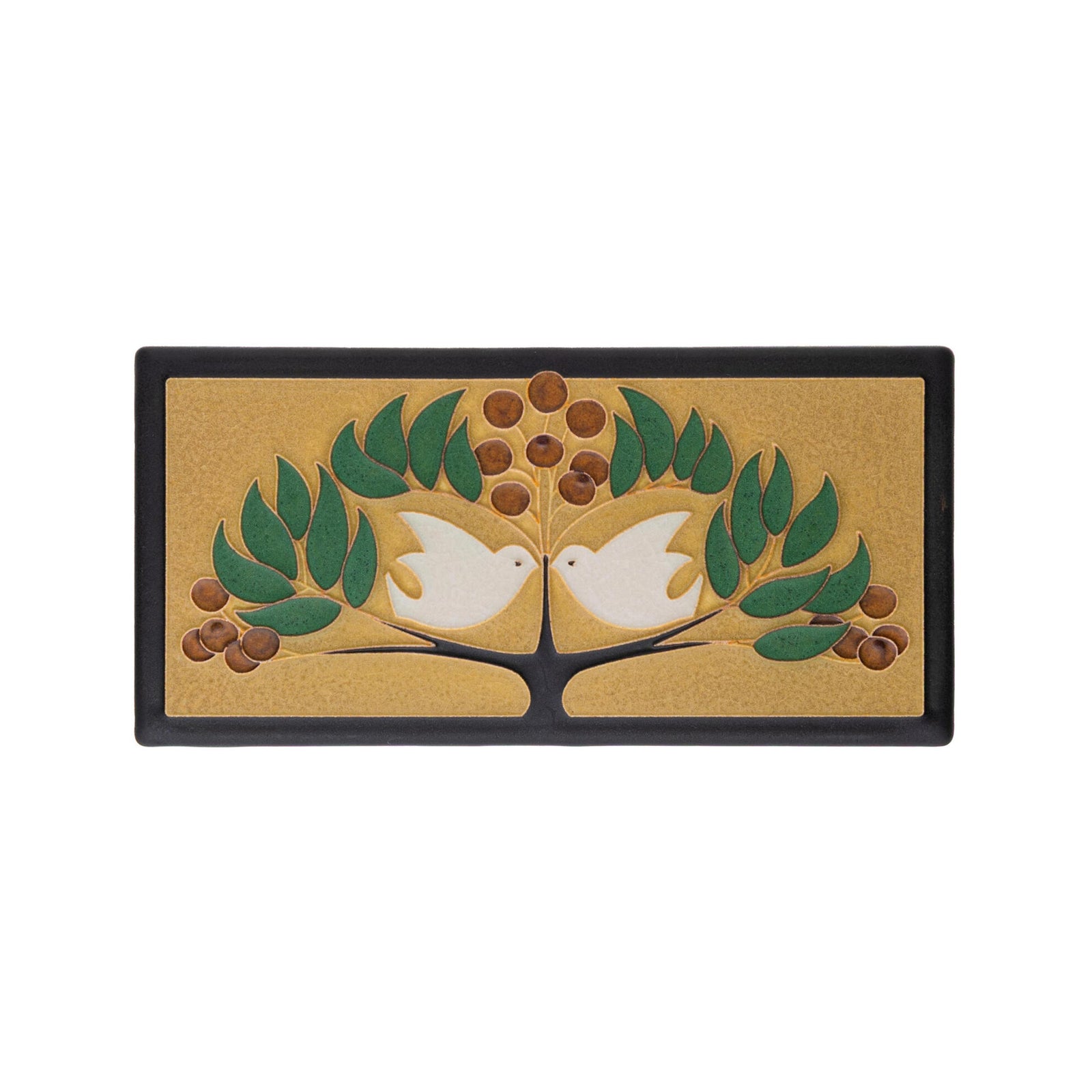 This decorative high-end lovebird's ceramic tile is handcrafted in the style of the Arts and Crafts movement by Motawi Tileworks. This image is inspired by early 20th-century English architect Mackay Hugh Baillie Scott who designed needlepoint patterns for his wife, Florence, to stitch. 3 13/16 x 7 13/16". 