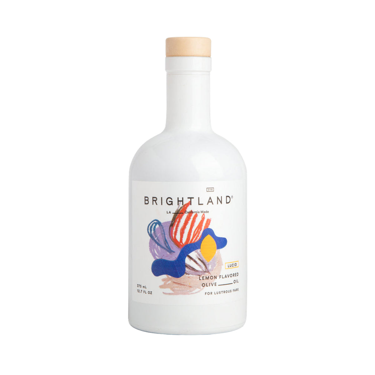 Brightland Lemon Flavored Olive Oil in a white bottle with a light wood-toned cap, featuring a colorful abstract label.