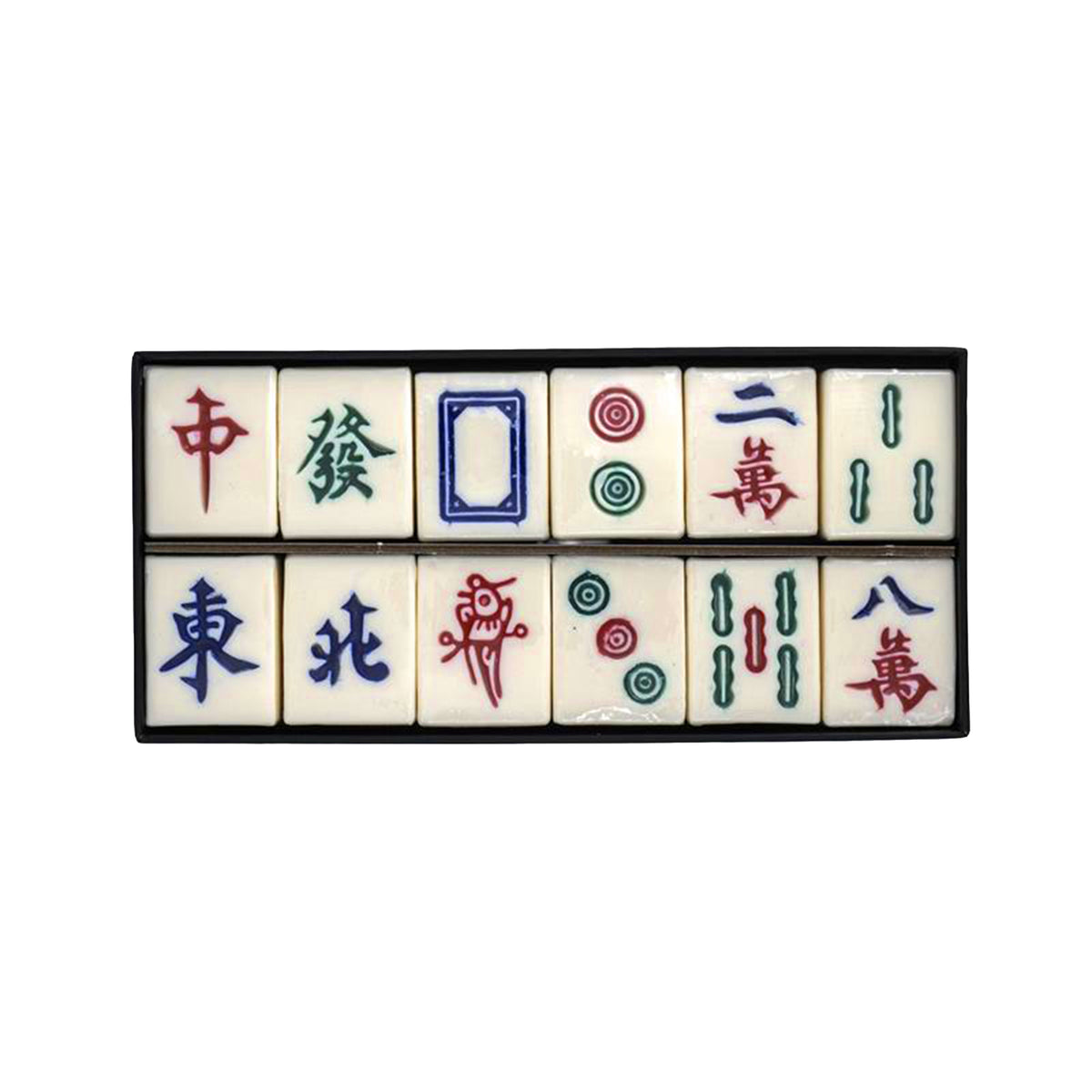 Set of guest soaps shaped like Mahjong tiles with colorful characters and symbols on a white background