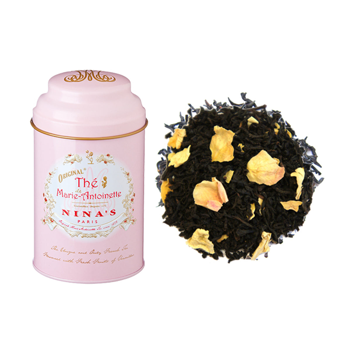 A pink tin container of 'The Marie Antoinette' loose tea with a sample of the tea leaves showing black tea leaves and rose petals.