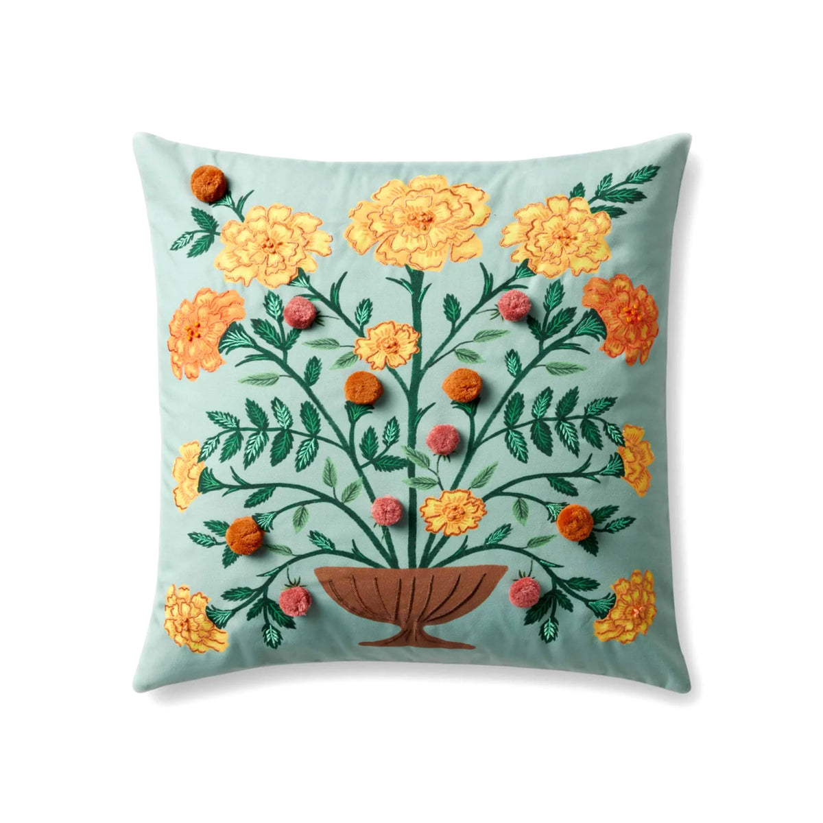 Golden marigolds with detailed embroidery and pom poms adorn this throw pillow. Adds color and comfort to any room. Polyester, 22&quot;x22&quot;, down-filled insert.
