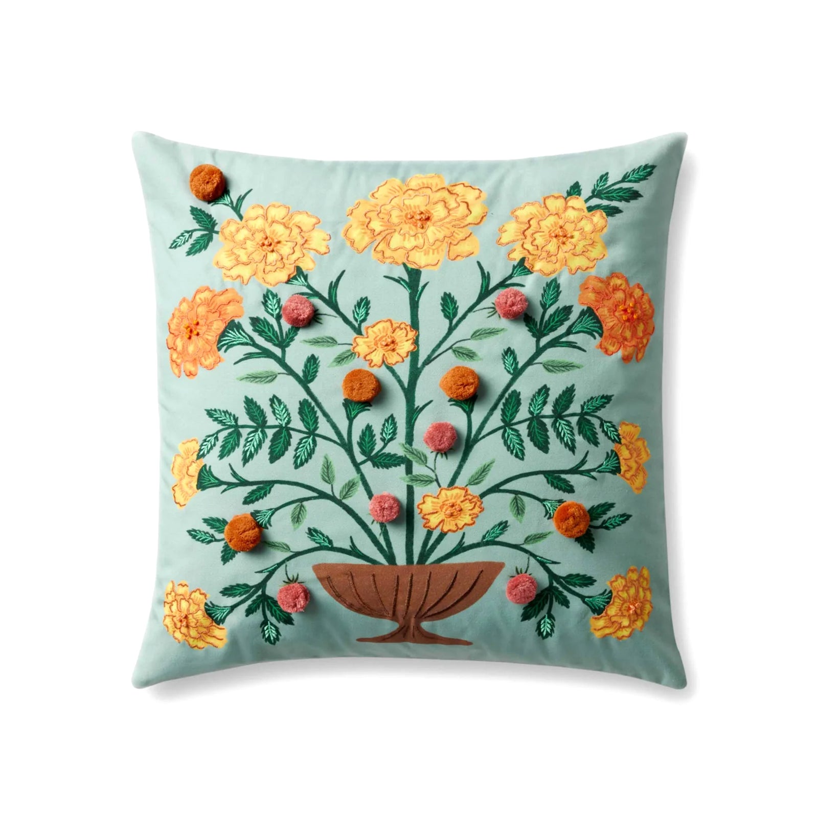 Golden marigolds with detailed embroidery and pom poms adorn this throw pillow. Adds color and comfort to any room. Polyester, 22"x22", down-filled insert.