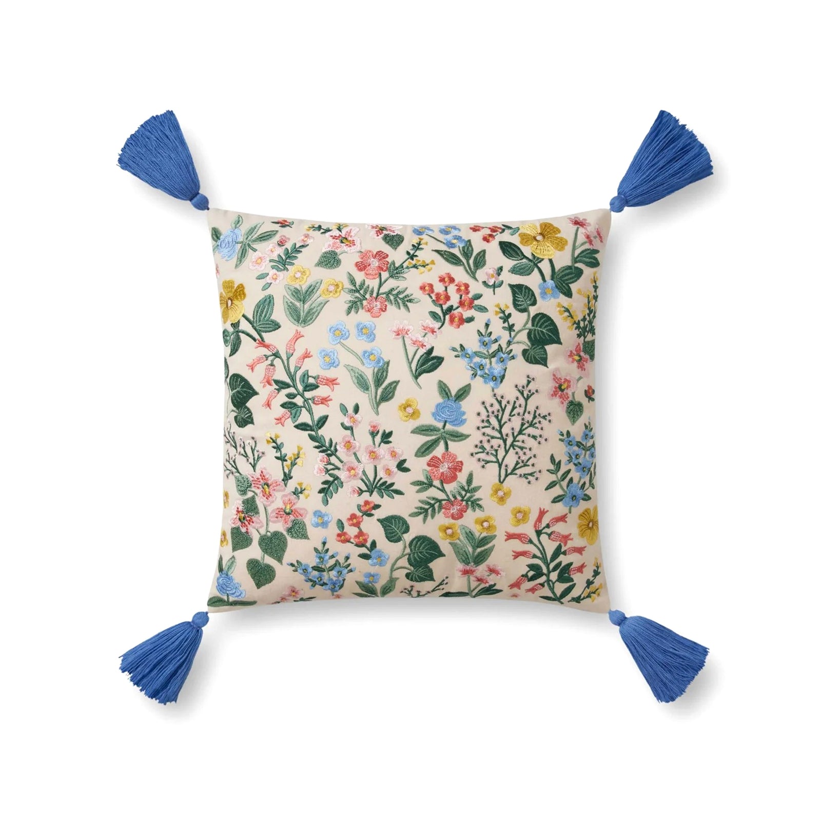 Colorful wildflowers pop on this Mayfair pillow with embroidered details and tassels. Adds natural beauty to any room. 100% cotton, 18"x18", down-filled insert.