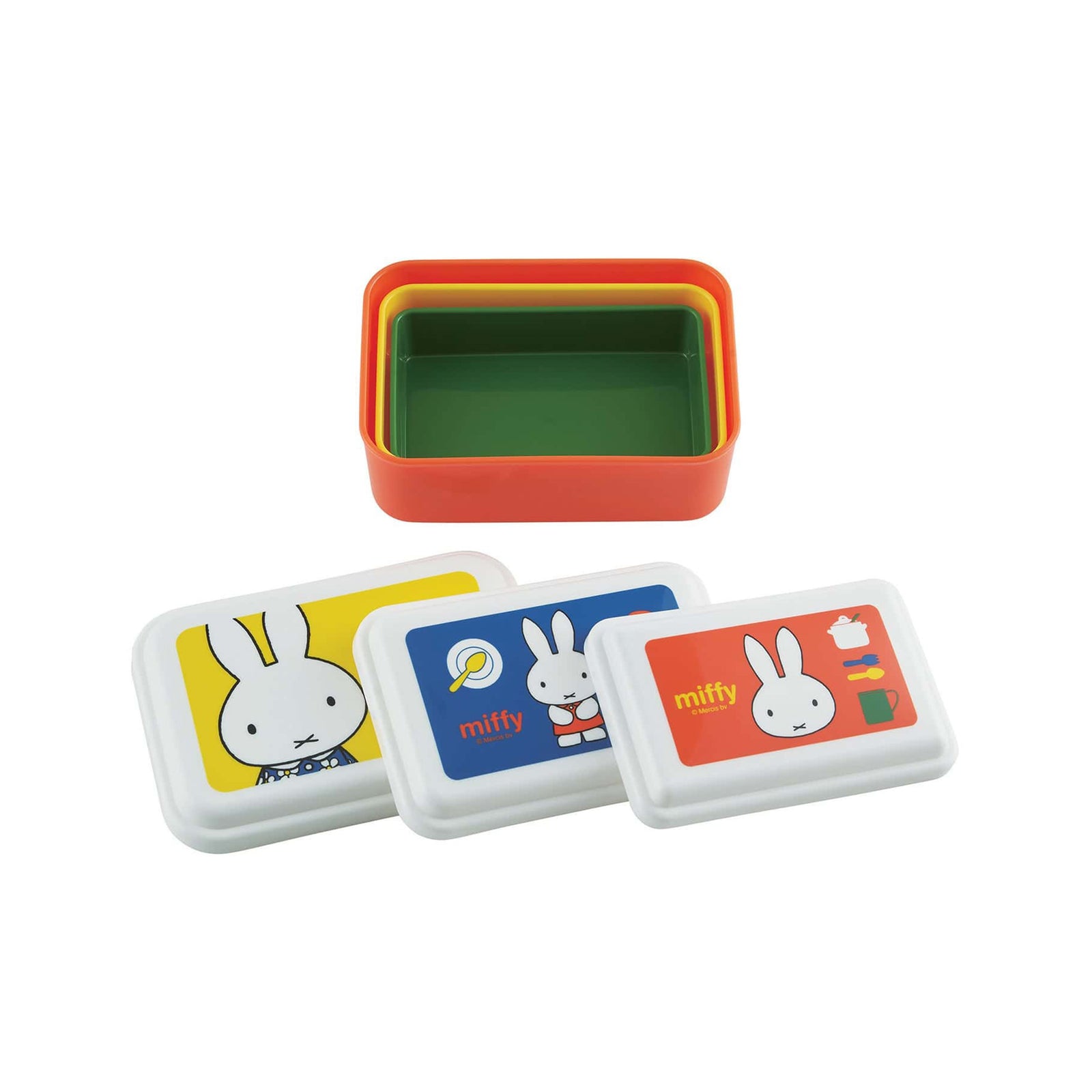 This set of three Miffy rectangular containers includes dome-shaped lids, which allow for more generous meal packing. The containers nest together for compact and easy storage. They are microwave-safe when the lid is removed, making them ideal for use as lunch boxes, food storage, or organizers for small items.