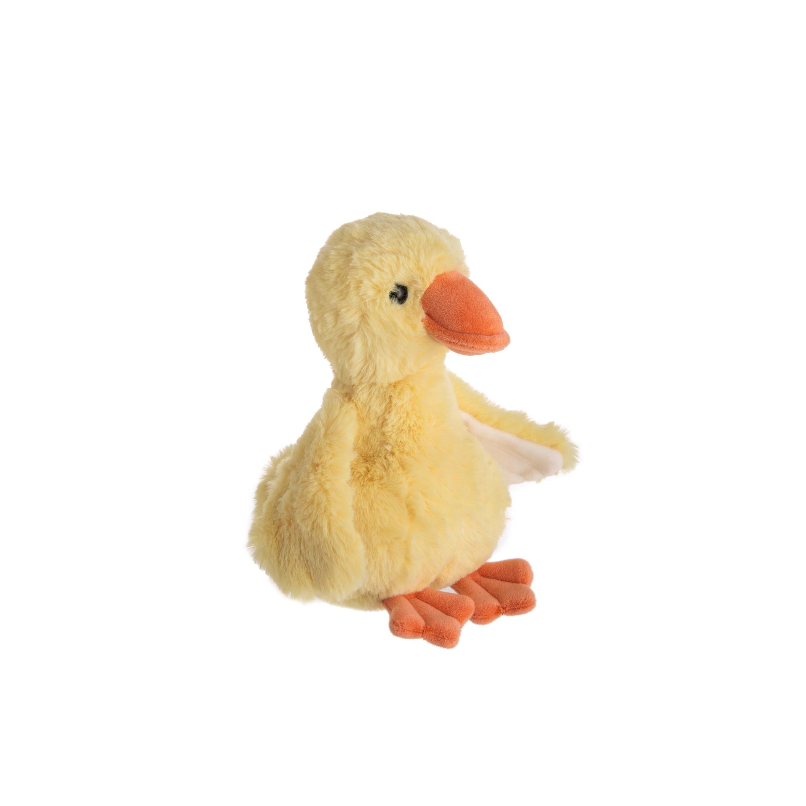 A small plush toy resembling a duckling with creamy yellow body, orange beak and webbed feet, and white and gray details.