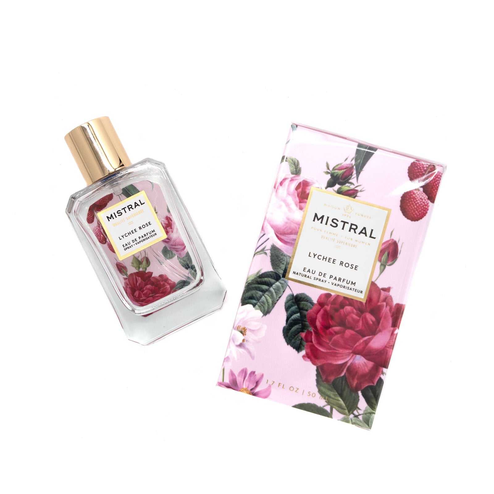 Mistral Lychee Rose eau de parfum bottle and packaging on a white background