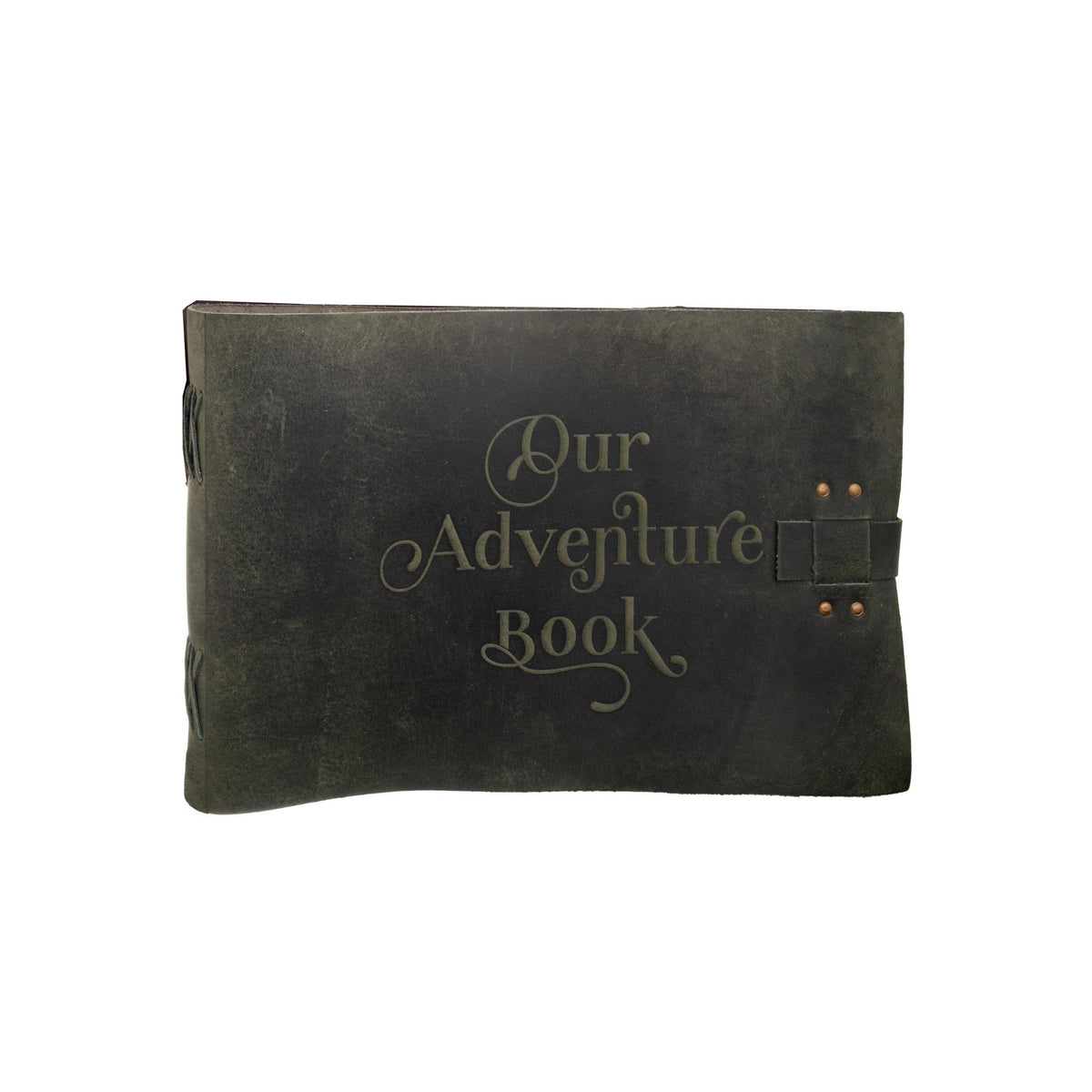 A dark green leather-bound journal with embossed gold lettering that reads 'Our Adventure Book' and a black strap closure on the right side, shown against a plain white background.