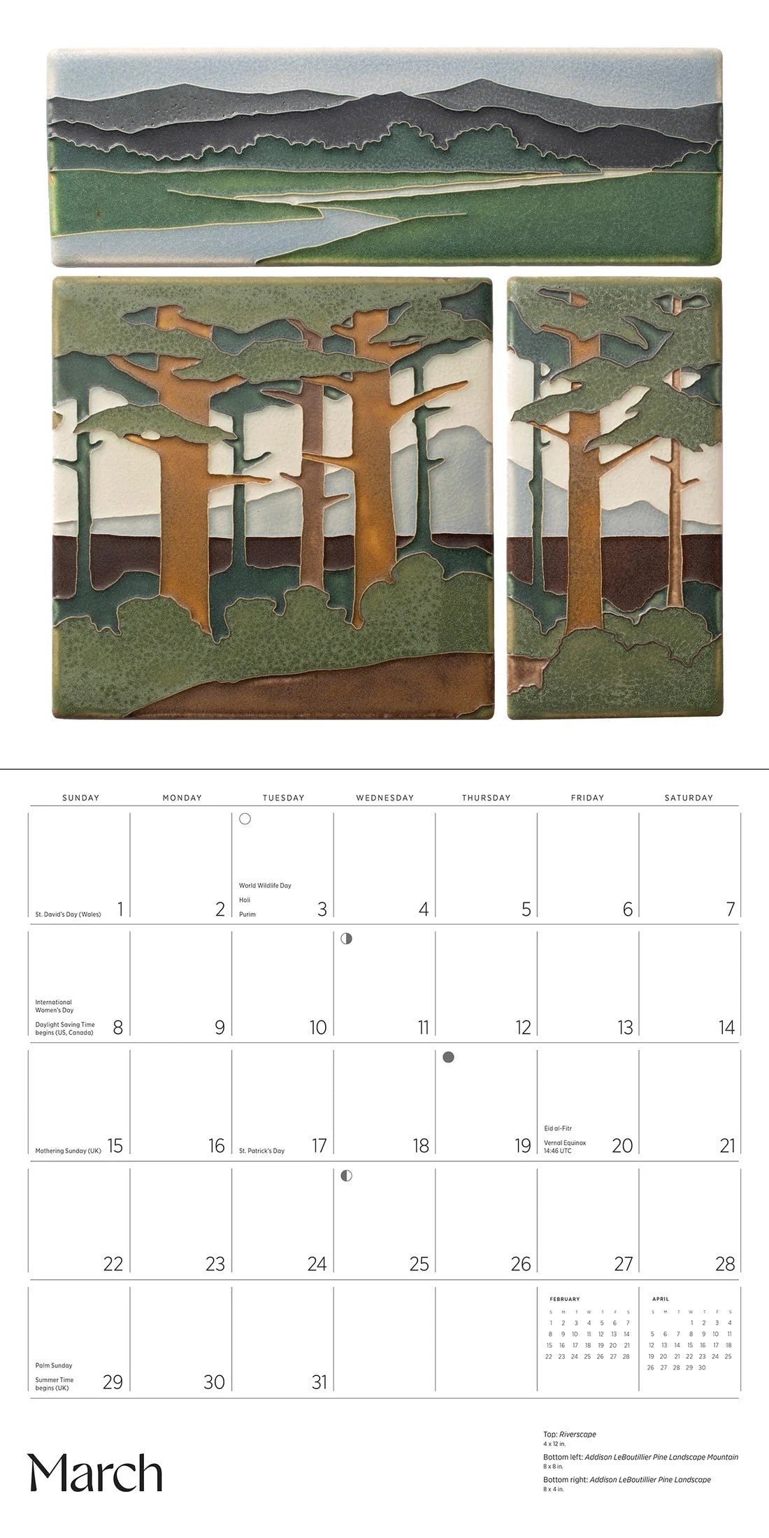 Calendar with artistic landscape illustrations and a March page.