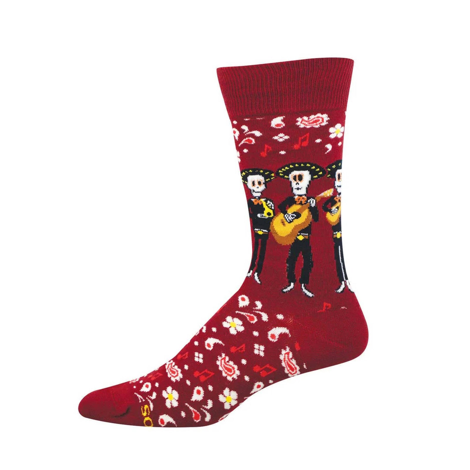 Red sock with skeleton mariachi design on a white background