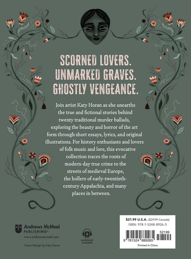Book cover of 'Murder Ballads' with a central illustration of a woman surrounded by flowers and ribbons.