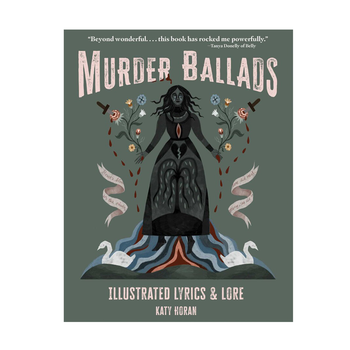 Book cover of &#39;Murder Ballads&#39; with a central illustration of a woman surrounded by flowers and ribbons.