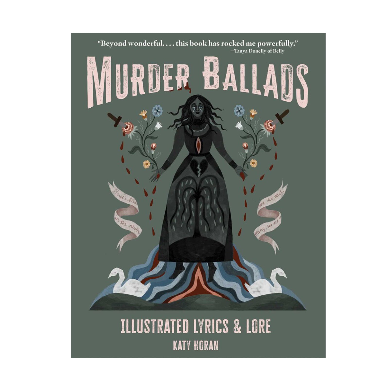 Book cover of 'Murder Ballads' with a central illustration of a woman surrounded by flowers and ribbons.