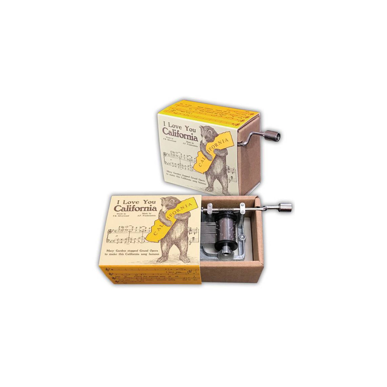 Music box with 'I Love You California' text and bear illustration on a white background