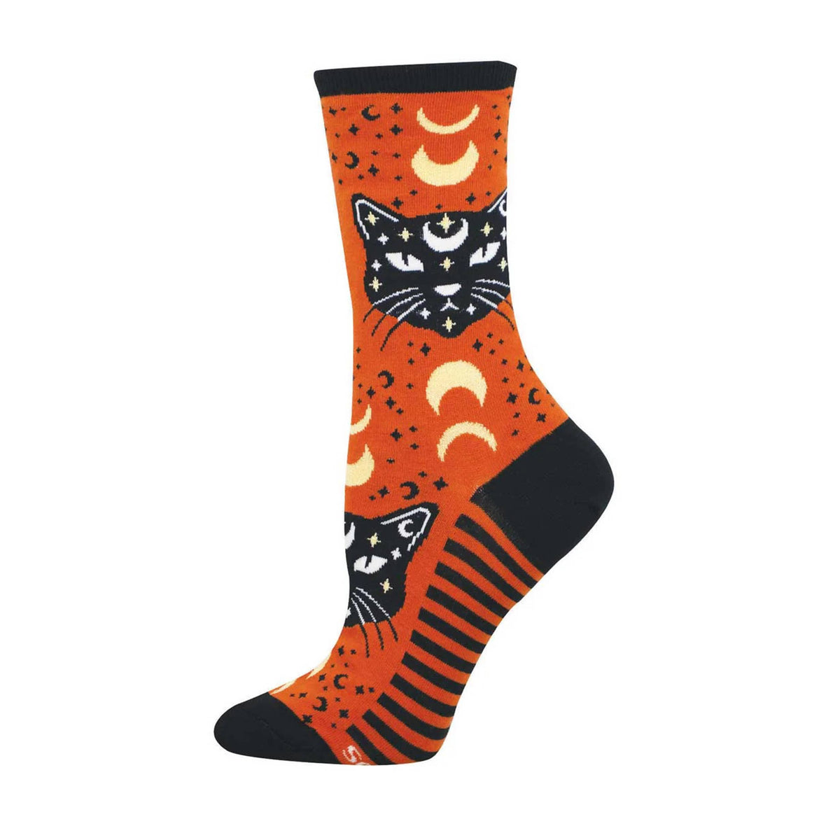 Orange socks with black cat and moon designs on a white background